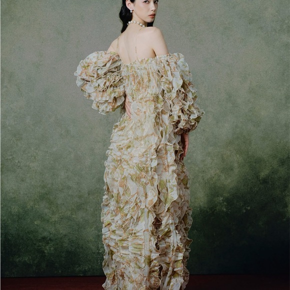 linh phung Dresses & Skirts - Off-Shoulder Ruffle Maxi Dress in Soft Sage Floral
